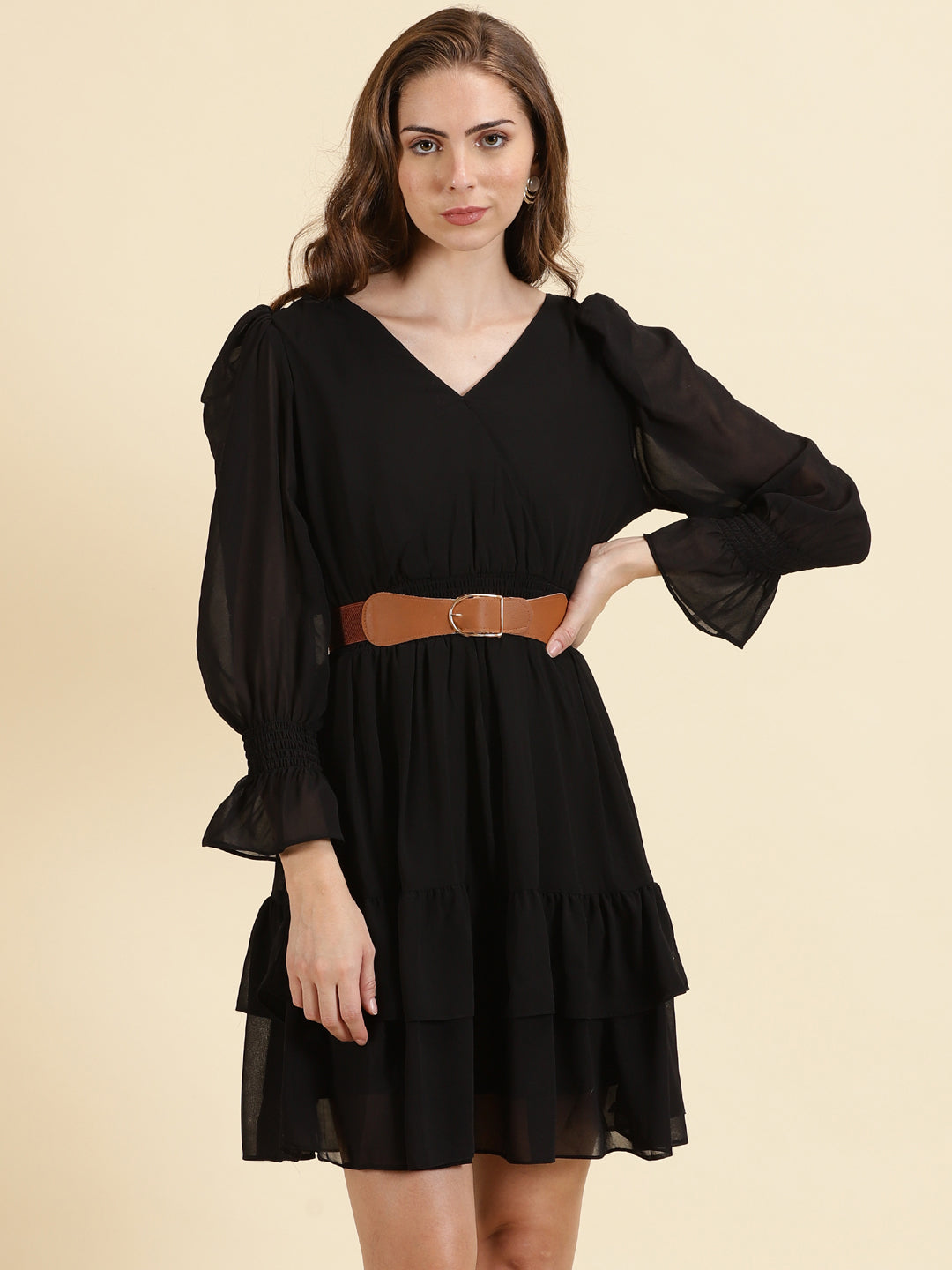 Women's Black V-Neck Fit & Flare Dress