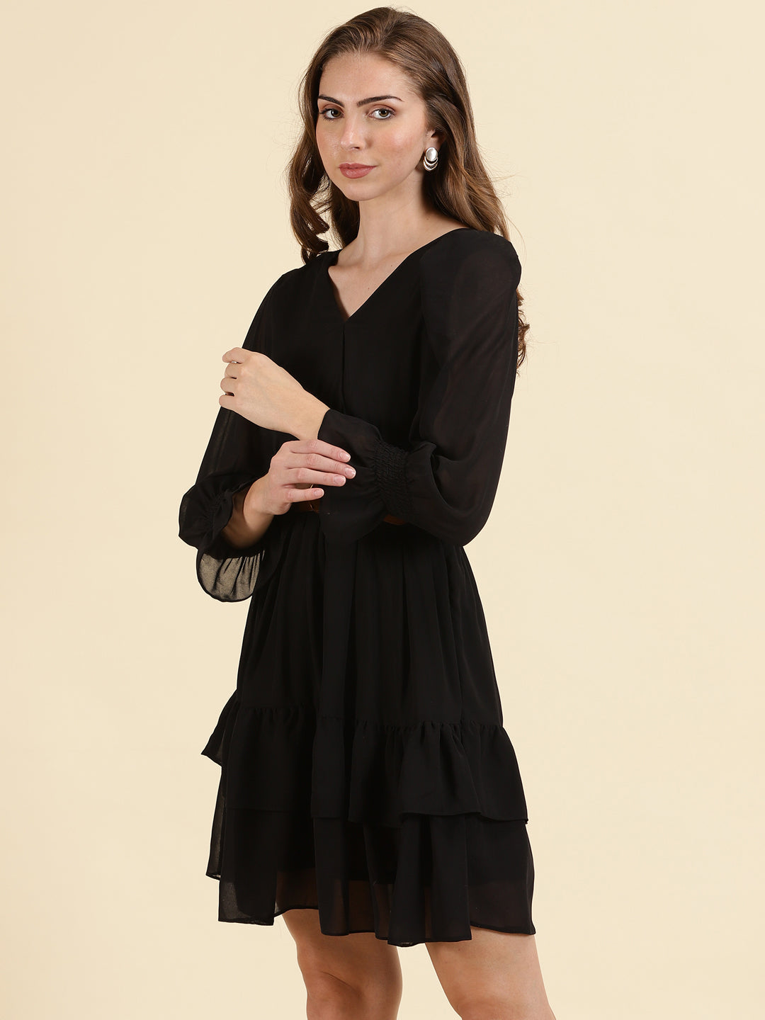 Women's Black V-Neck Fit & Flare Dress