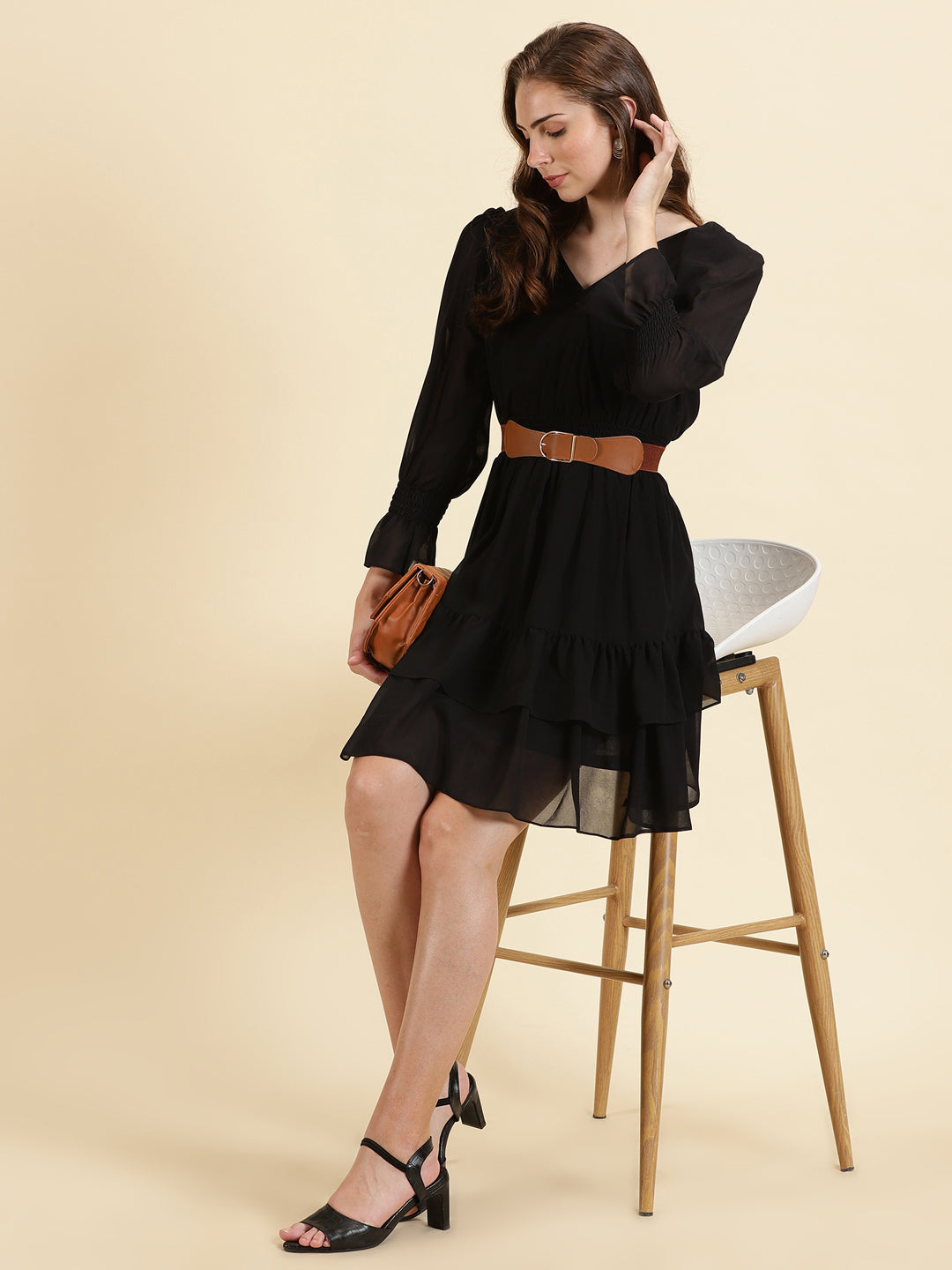 Women's Black V-Neck Fit & Flare Dress