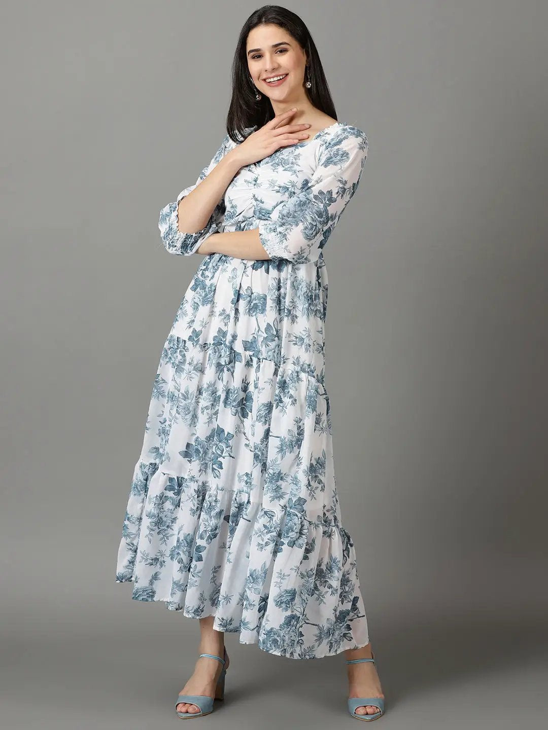 Women's White Printed Fit and Flare Dress