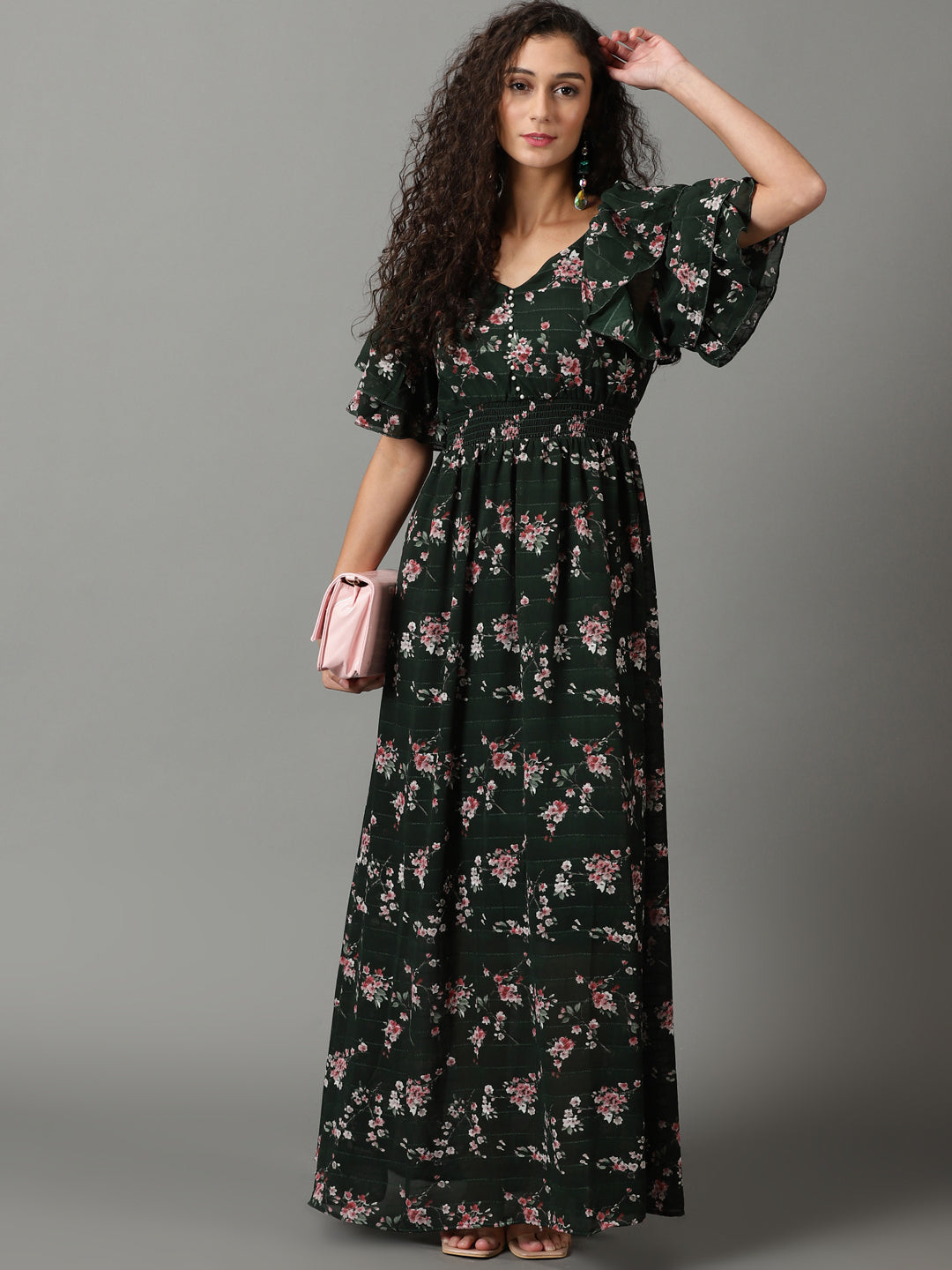 Women's Green Solid Fit and Flare Dress