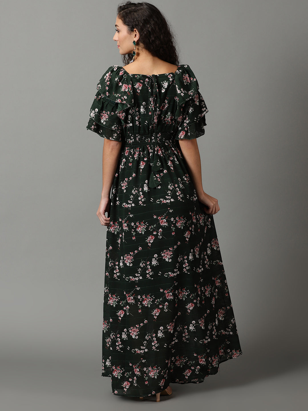 Women's Green Solid Fit and Flare Dress