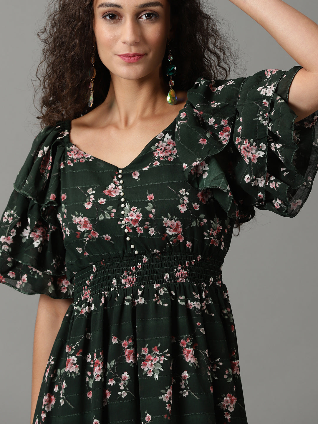 Women's Green Solid Fit and Flare Dress