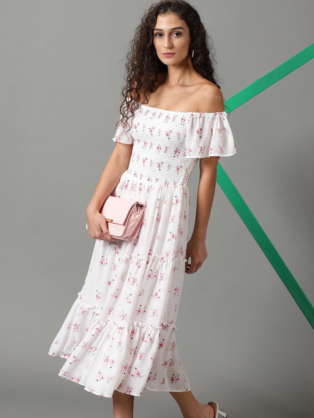 Women's White Printed Fit and Flare Dress