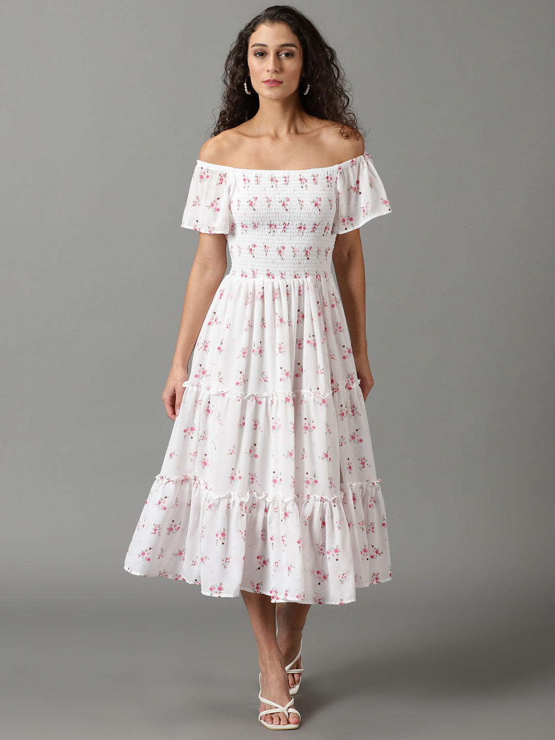 Women's White Printed Fit and Flare Dress