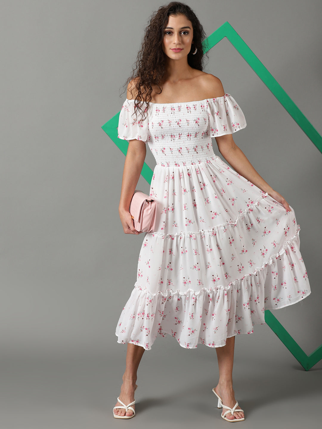 Women's White Printed Fit and Flare Dress