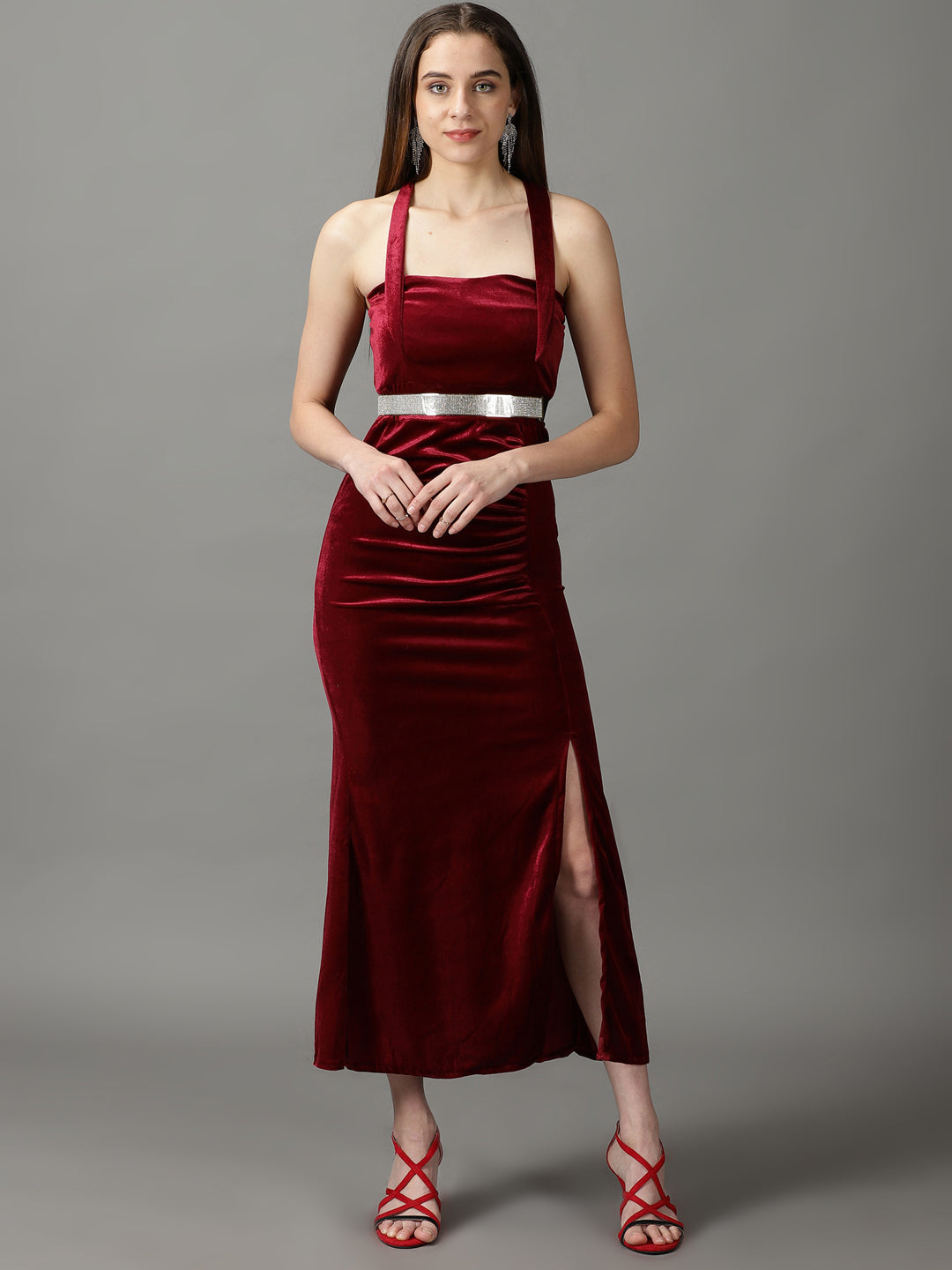 Women's Maroon Solid Bodycon Dress