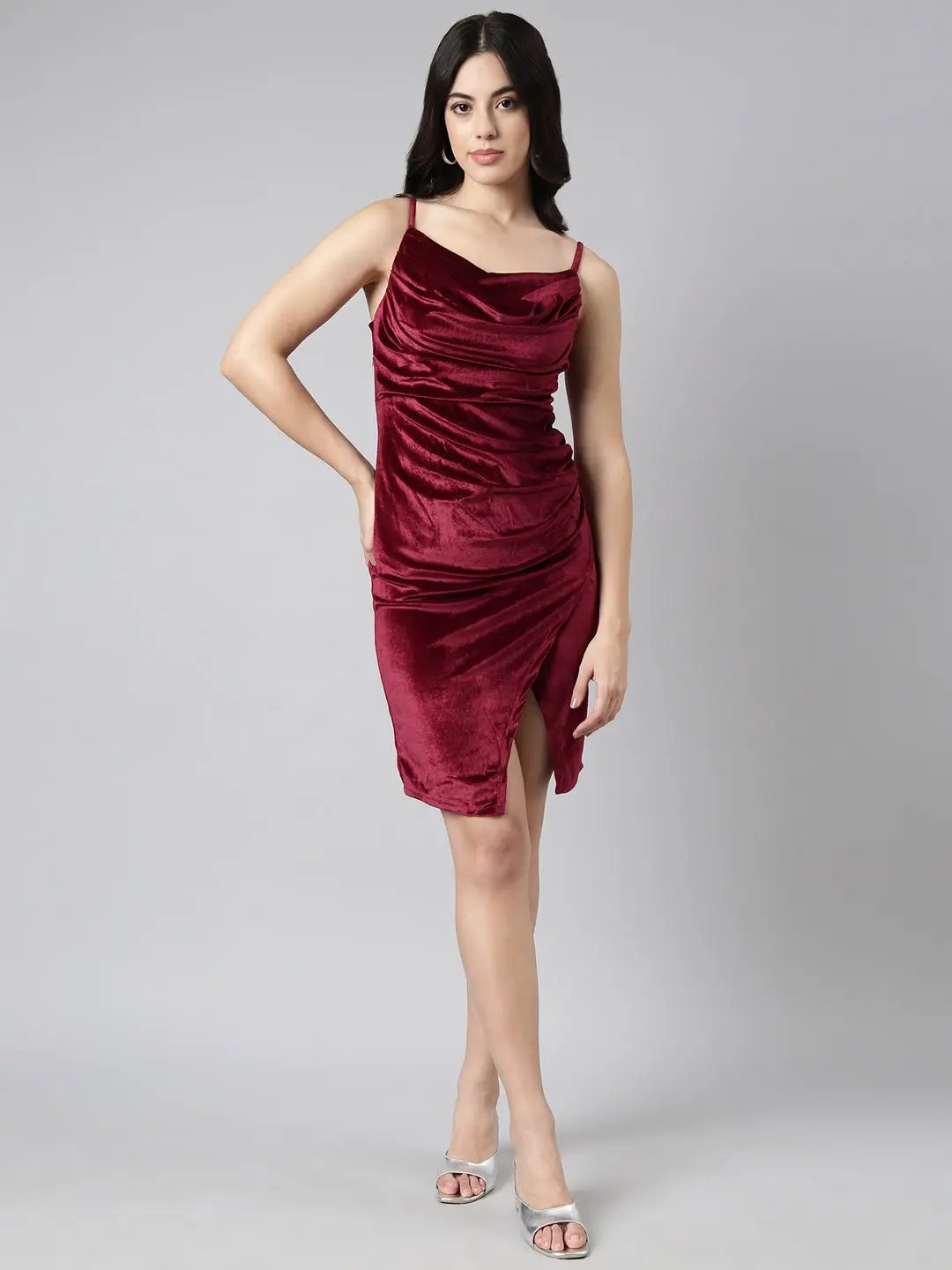 Shop Women's Maroon Knee Length Velvet Bodycon Dress| Showoffff Shop Women's Maroon Knee Length Velvet Bodycon Dress| Showoffff