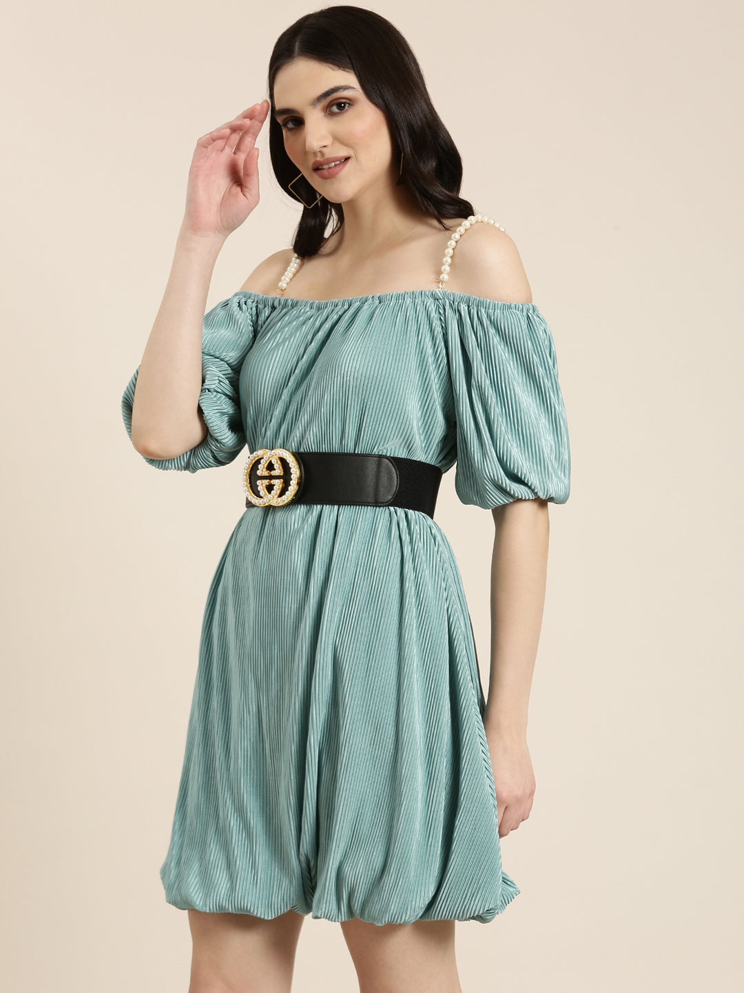 Women's Sea Green Solid Fit and Flare Dress