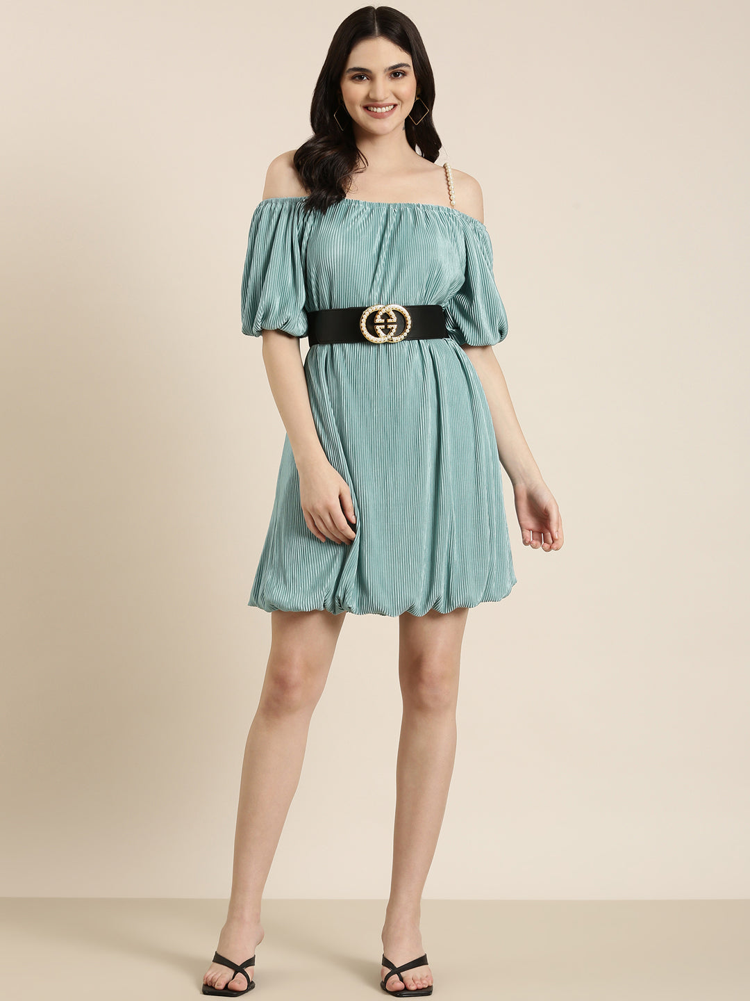 Women's Sea Green Solid Fit and Flare Dress