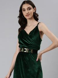 Women's Green Shoulder Straps Slit Velvet A-Line Midi Dress
