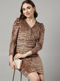 Women's Beige V-Neck Puff Sleeves Velvet Bodycon Dress