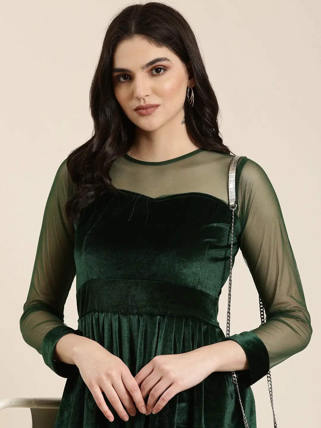 Women's Green Solid Fit and Flare Dress