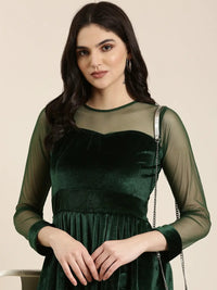 Women's Green Solid Fit and Flare Dress