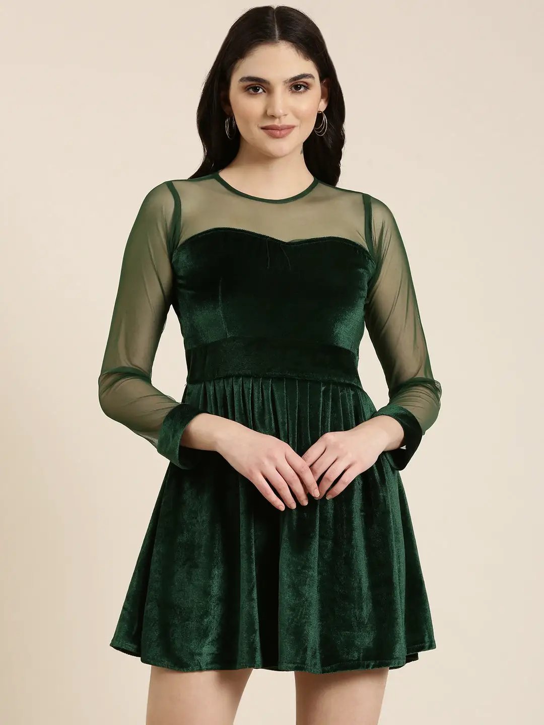 Women's Green Solid Fit and Flare Dress