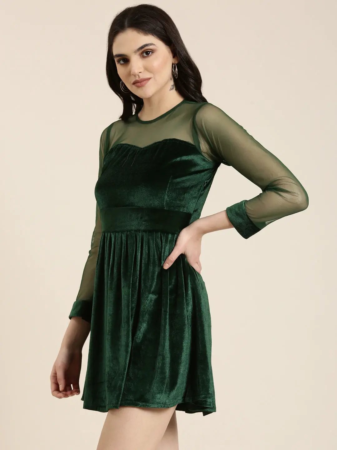 Women's Green Solid Fit and Flare Dress
