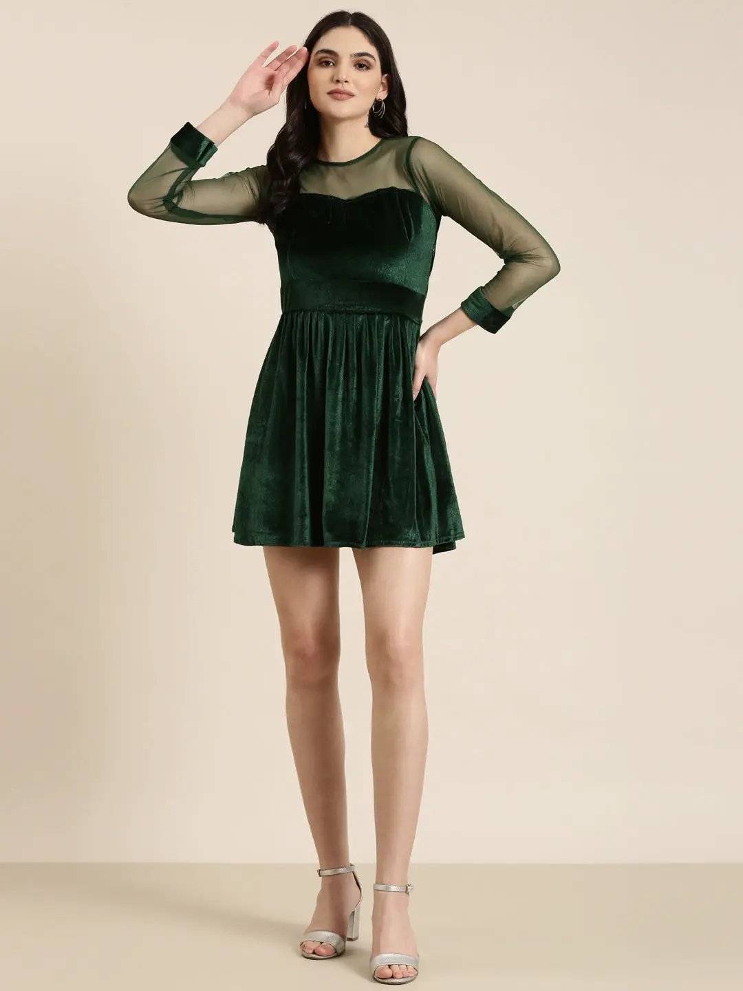 Women's Green Solid Fit and Flare Dress
