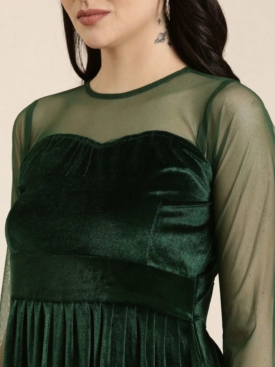 Women's Green Solid Fit and Flare Dress