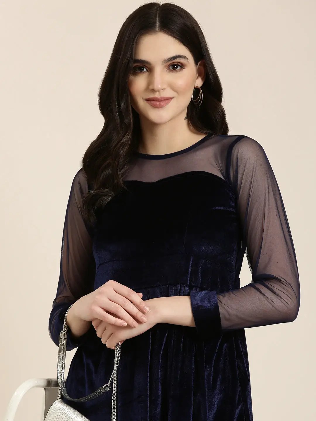 Women's Navy Blue Solid Fit and Flare Dress