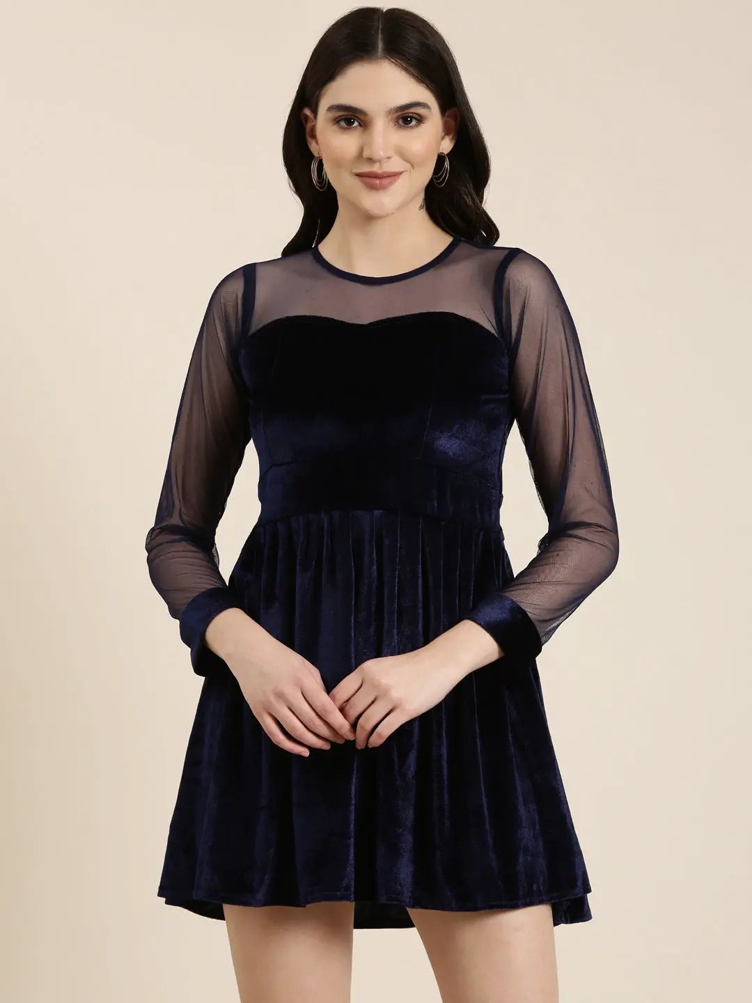 Women's Navy Blue Solid Fit and Flare Dress