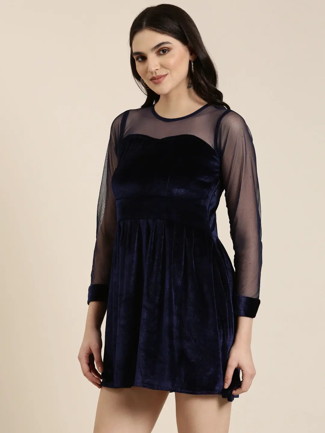 Women's Navy Blue Solid Fit and Flare Dress