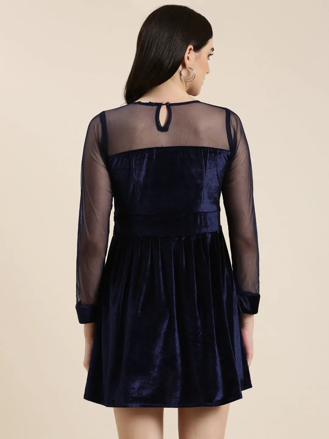 Women's Navy Blue Solid Fit and Flare Dress