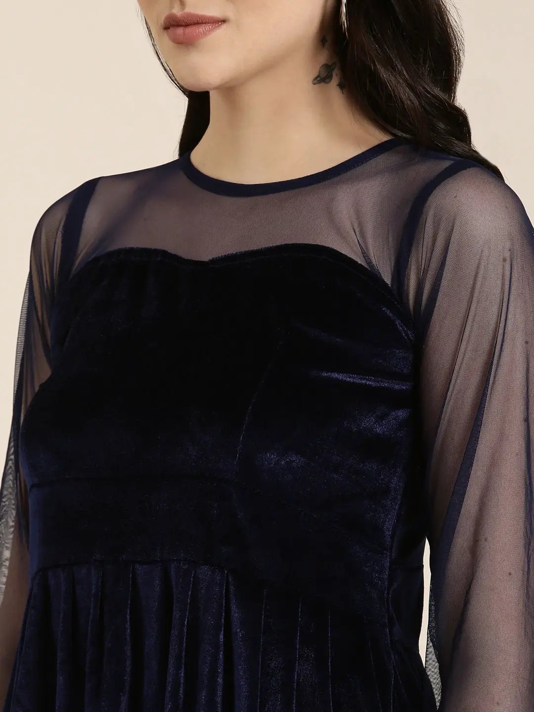 Women's Navy Blue Solid Fit and Flare Dress
