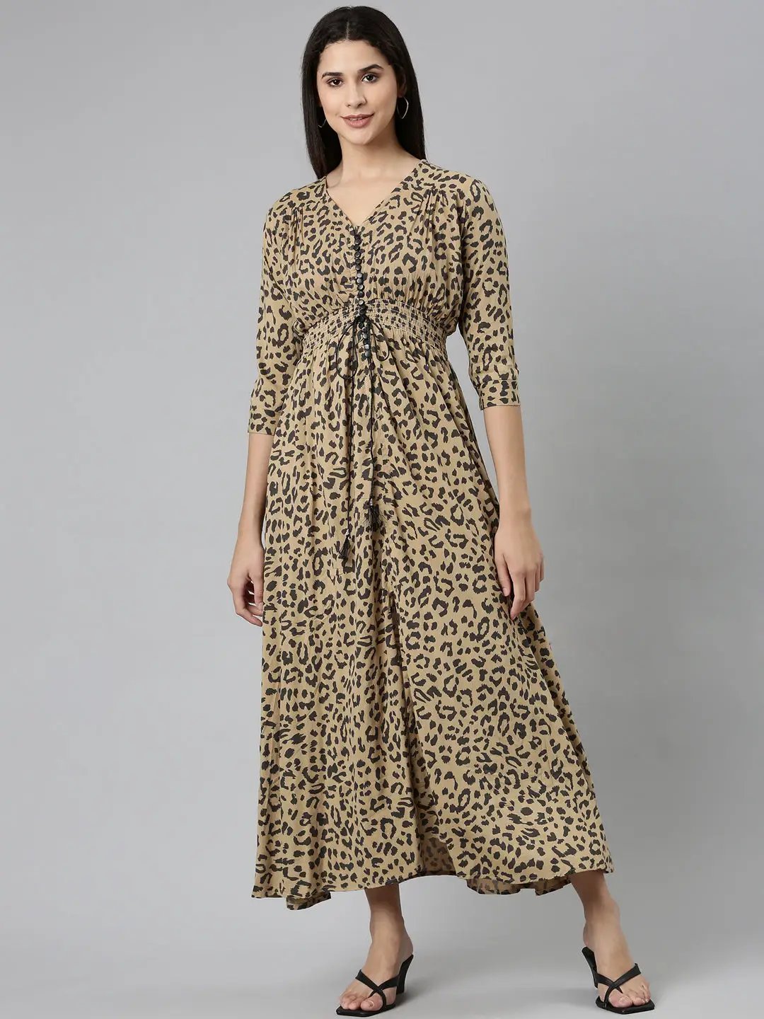 Women's Khaki Printed Fit and Flare Dress