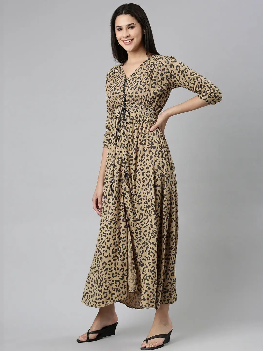 Women's Khaki Printed Fit and Flare Dress