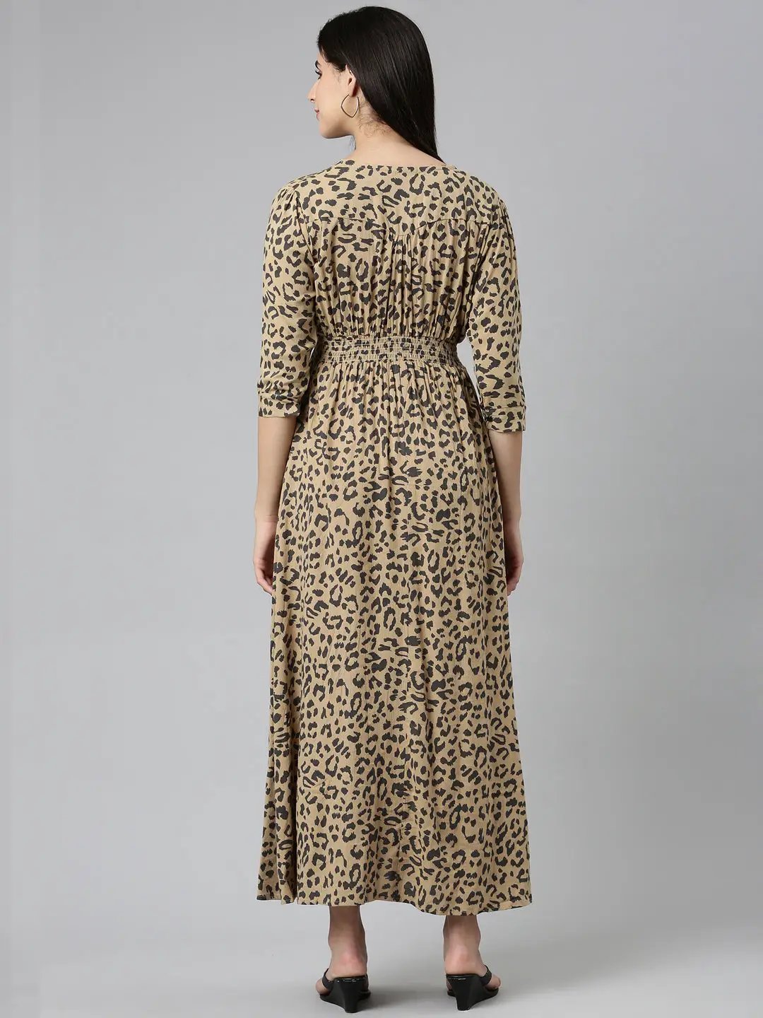 Women's Khaki Printed Fit and Flare Dress