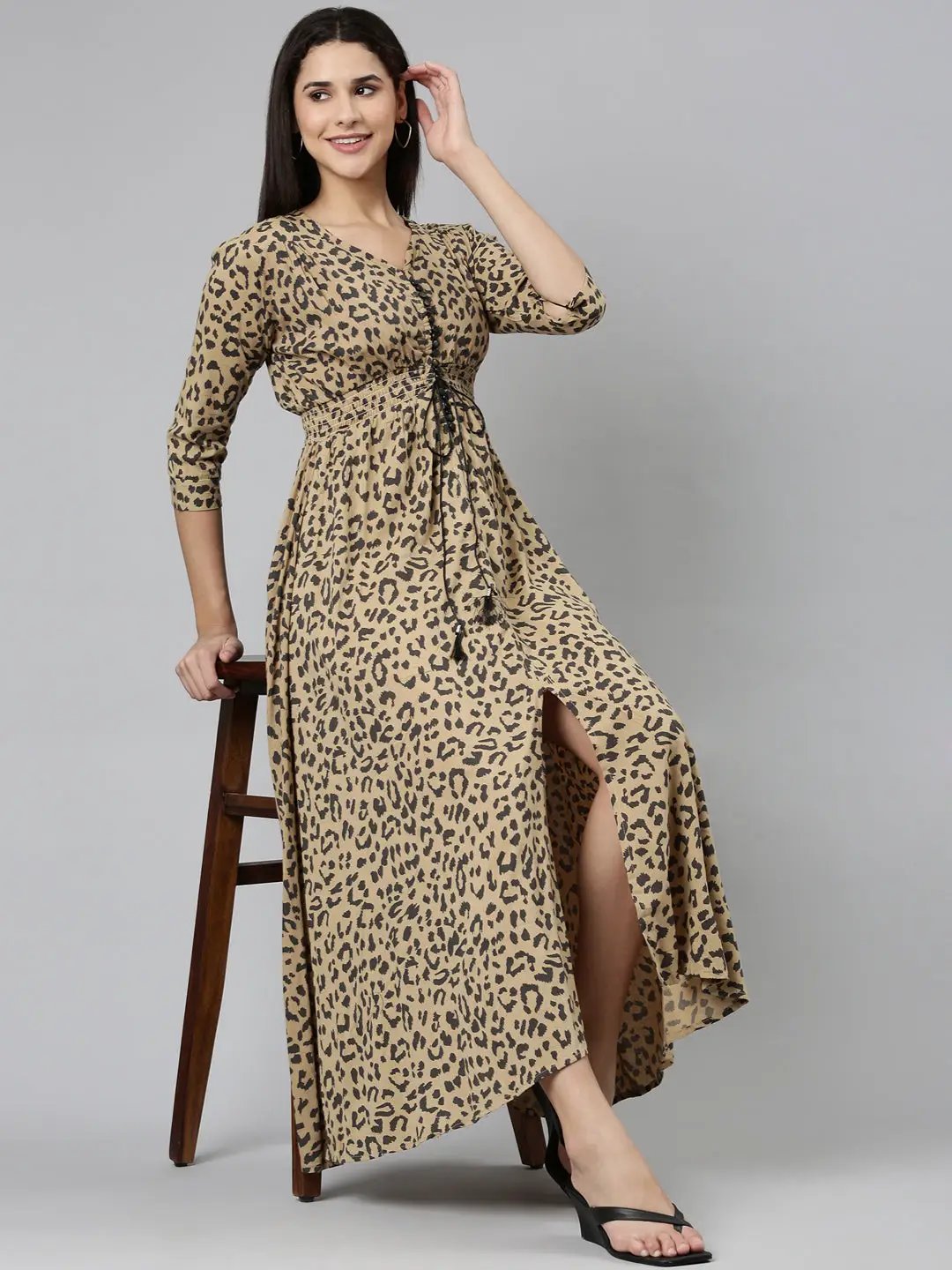 Women's Khaki Printed Fit and Flare Dress