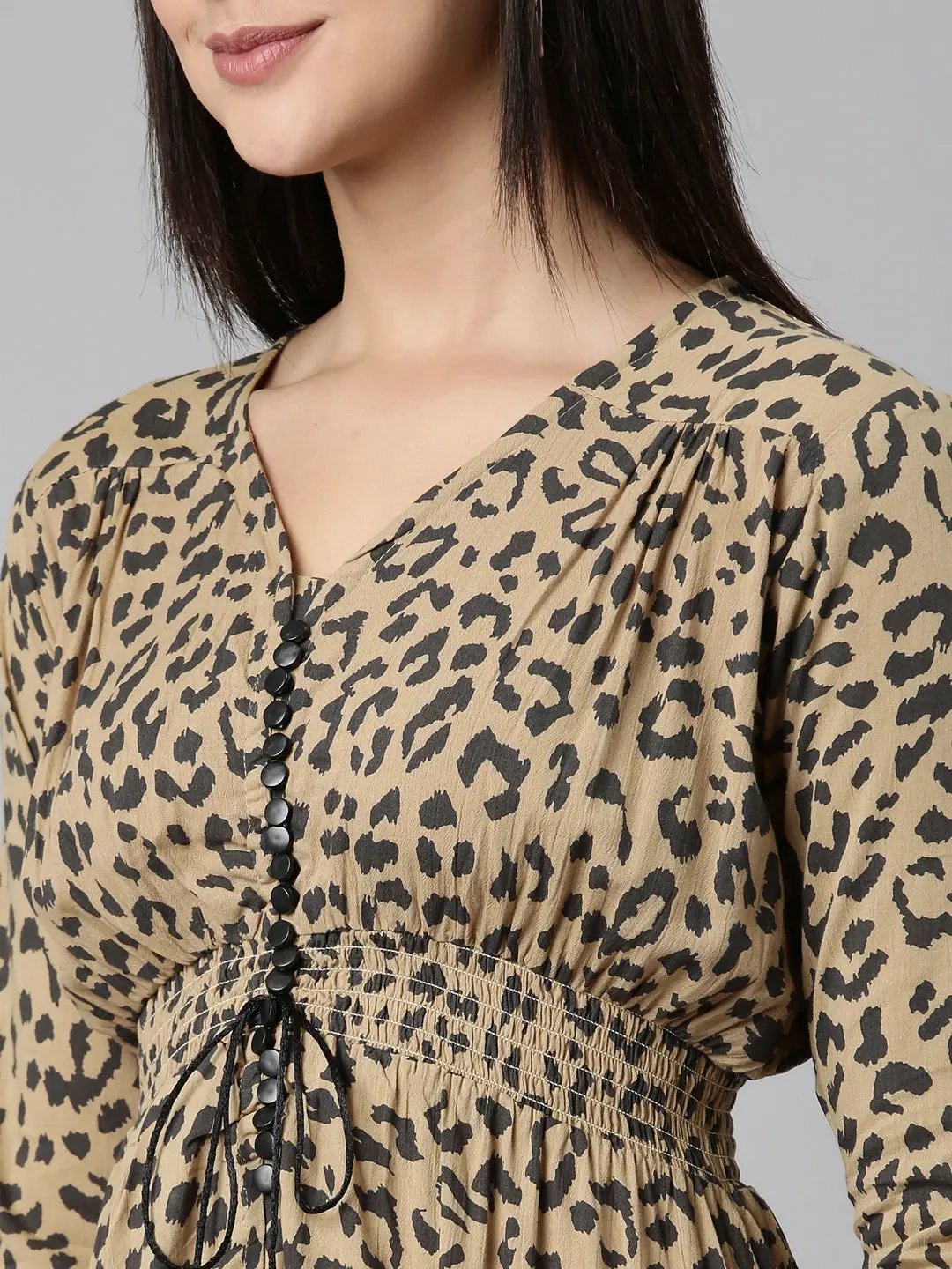 Women's Khaki Printed Fit and Flare Dress