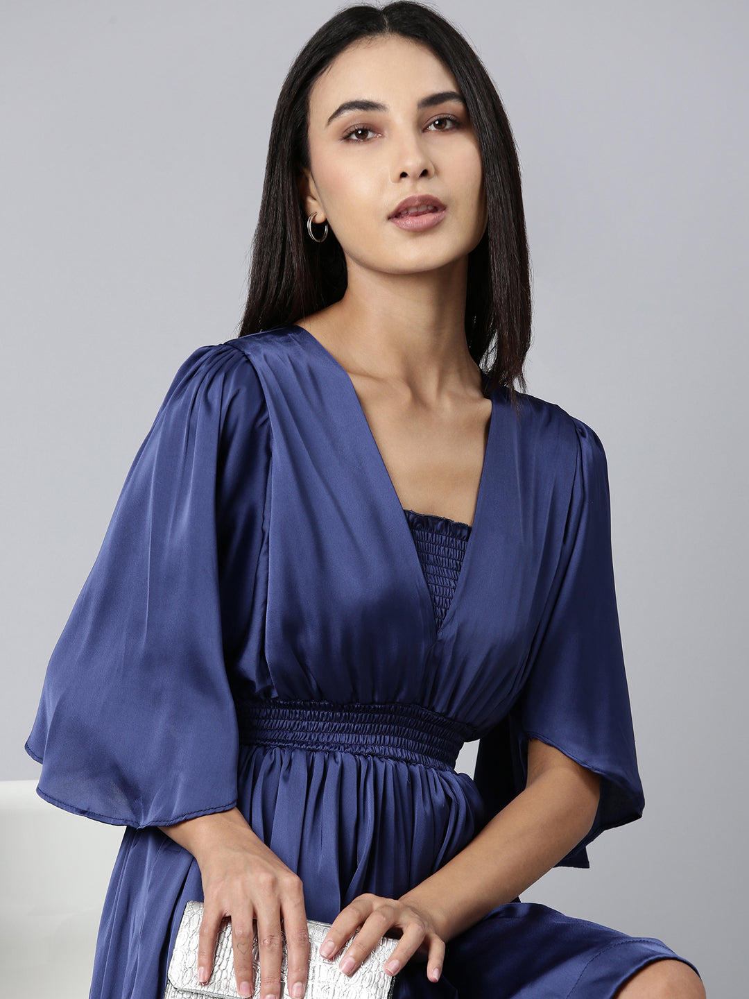 SHOWOFFFF Women's V-Neck Short Sleeves Fit and Flare Solid Navy Blue ...
