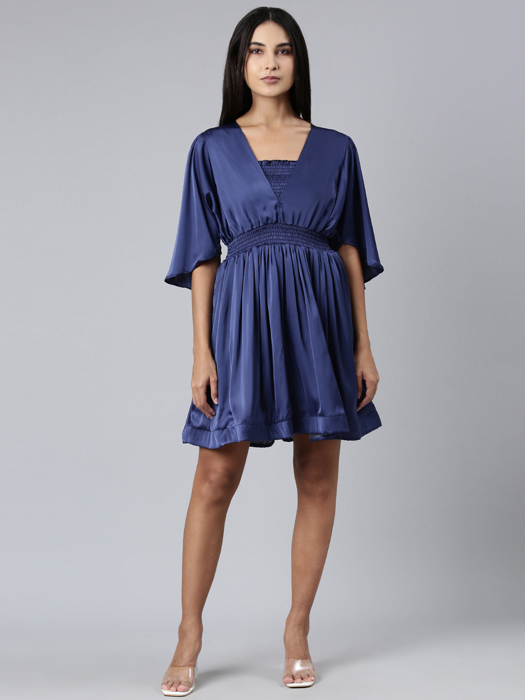 Women Navy Blue Solid Fit and Flare Dress