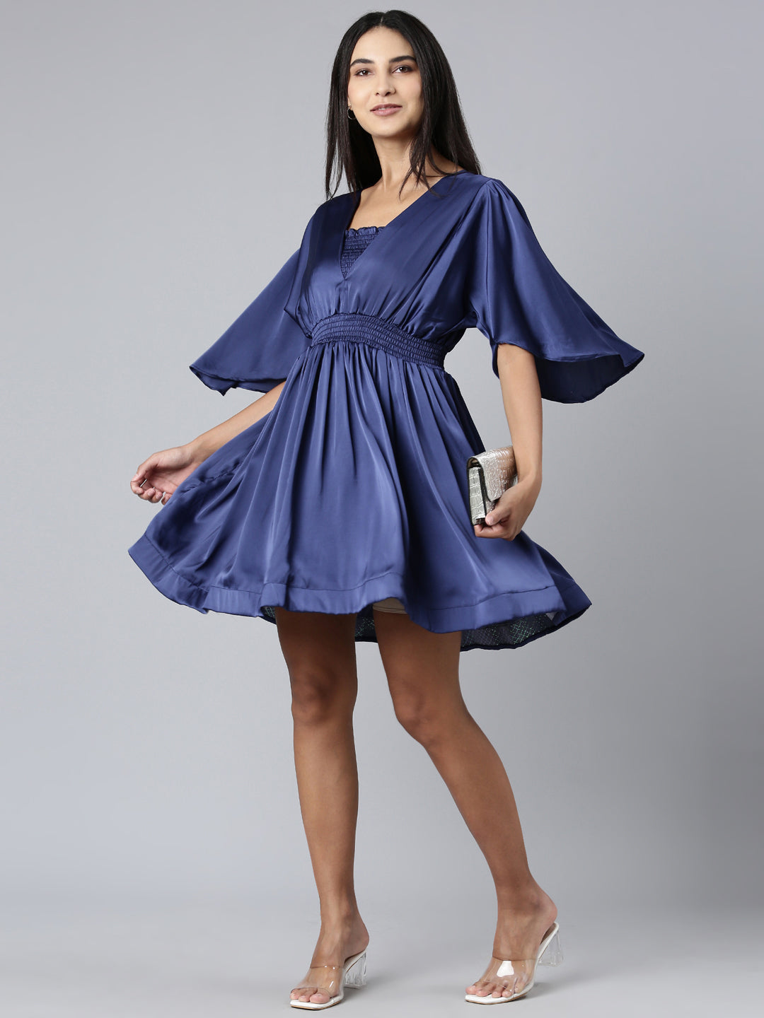 Women Navy Blue Solid Fit and Flare Dress