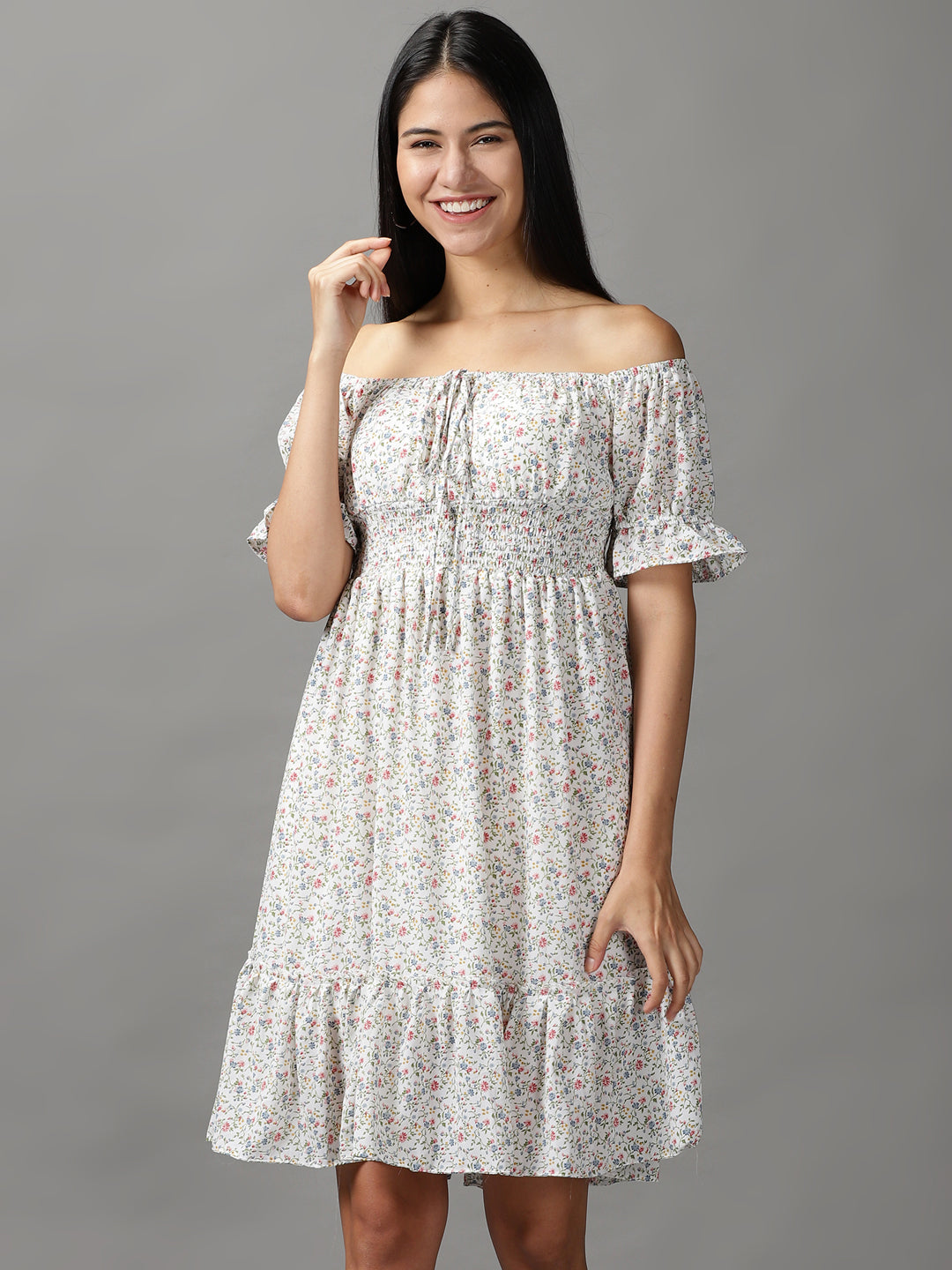 Women's White Floral Fit and Flare Dress