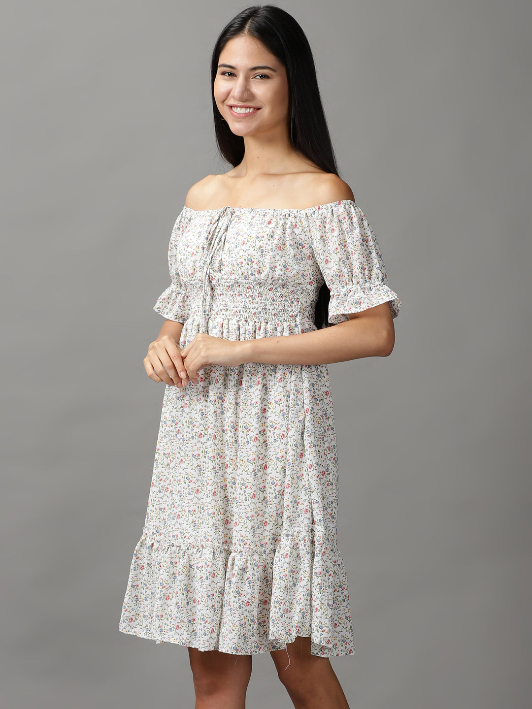 Women's White Floral Fit and Flare Dress