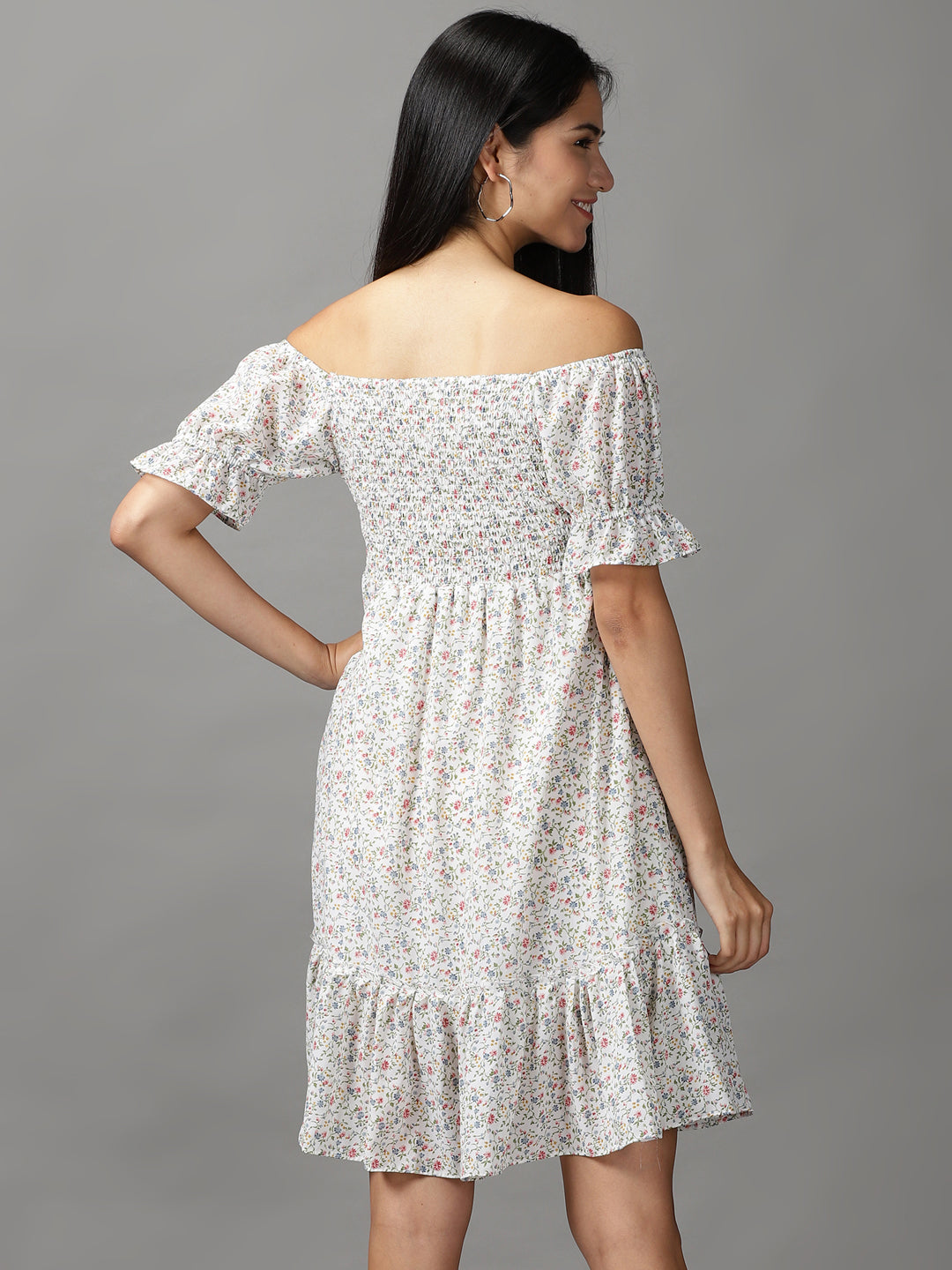 Women's White Floral Fit and Flare Dress