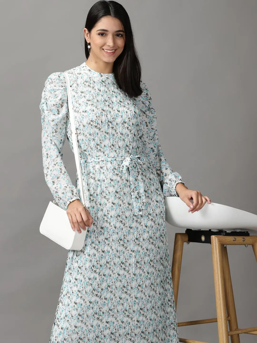 Women's White Floral Fit and Flare Dress