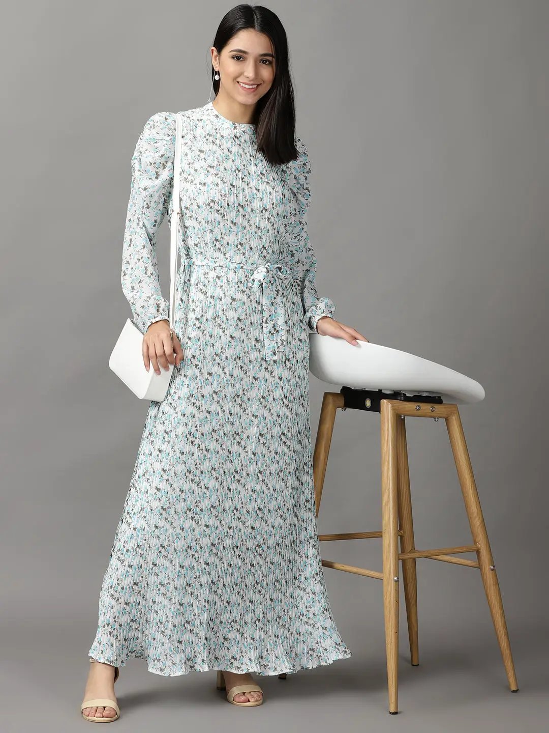 Women's White Floral Fit and Flare Dress