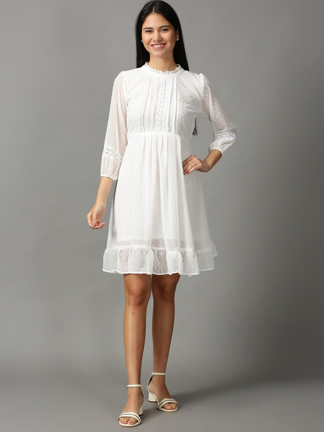 Women's White Solid Fit and Flare Dress