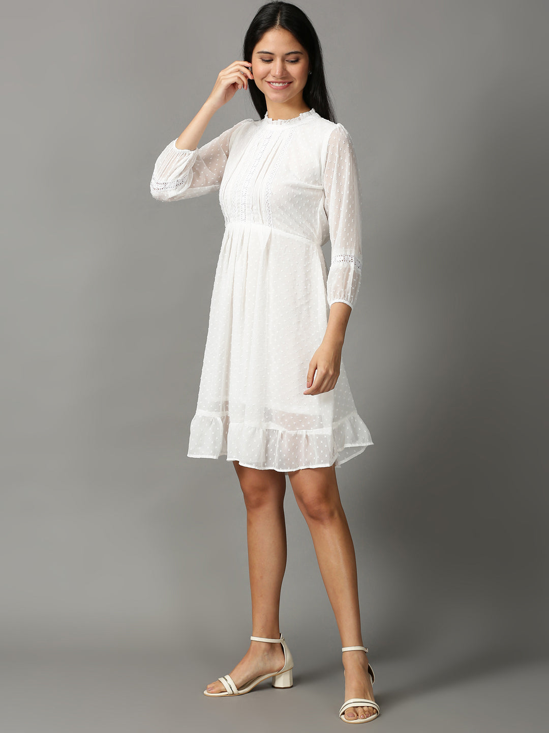 Women's White Solid Fit and Flare Dress