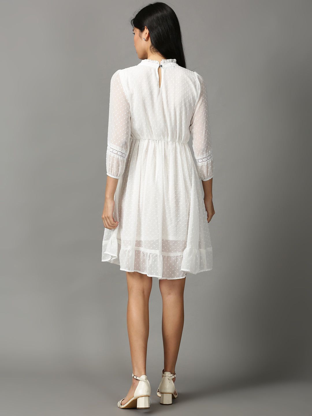 Women's White Solid Fit and Flare Dress