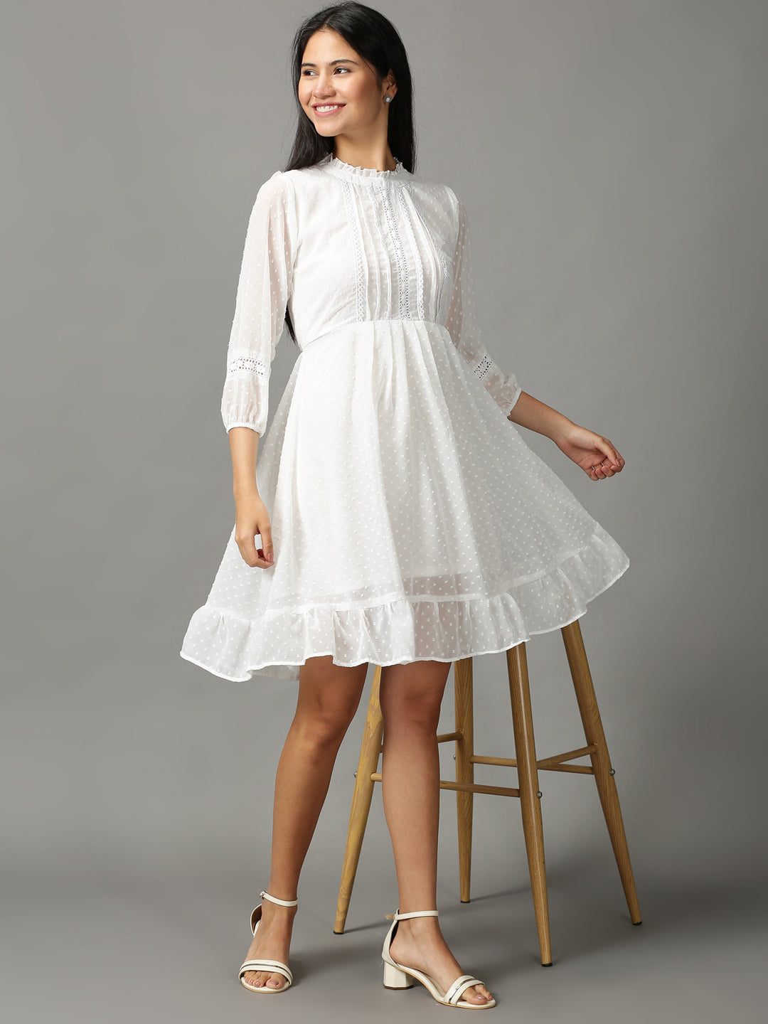 Women's White Solid Fit and Flare Dress