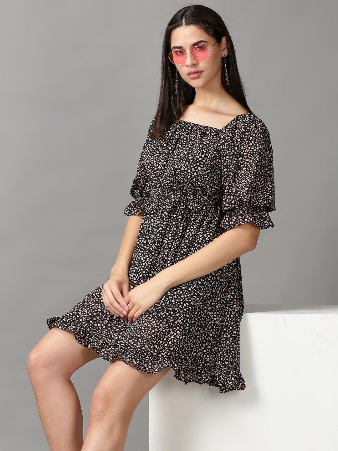 Women's Black Printed Fit and Flare Dress