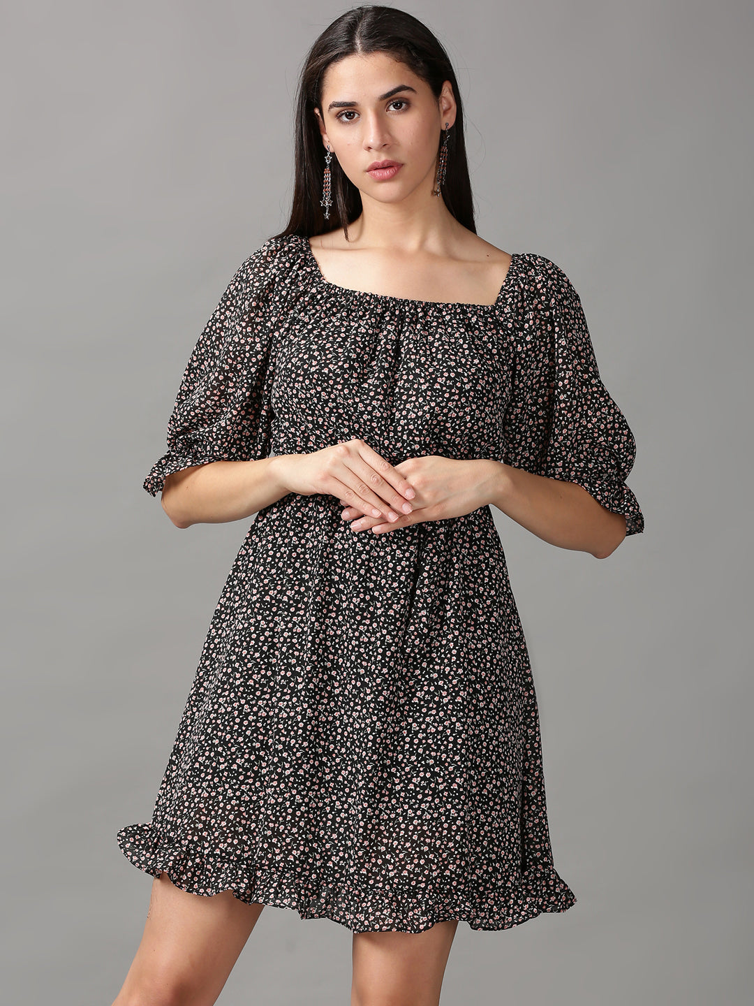 Women's Black Printed Fit and Flare Dress