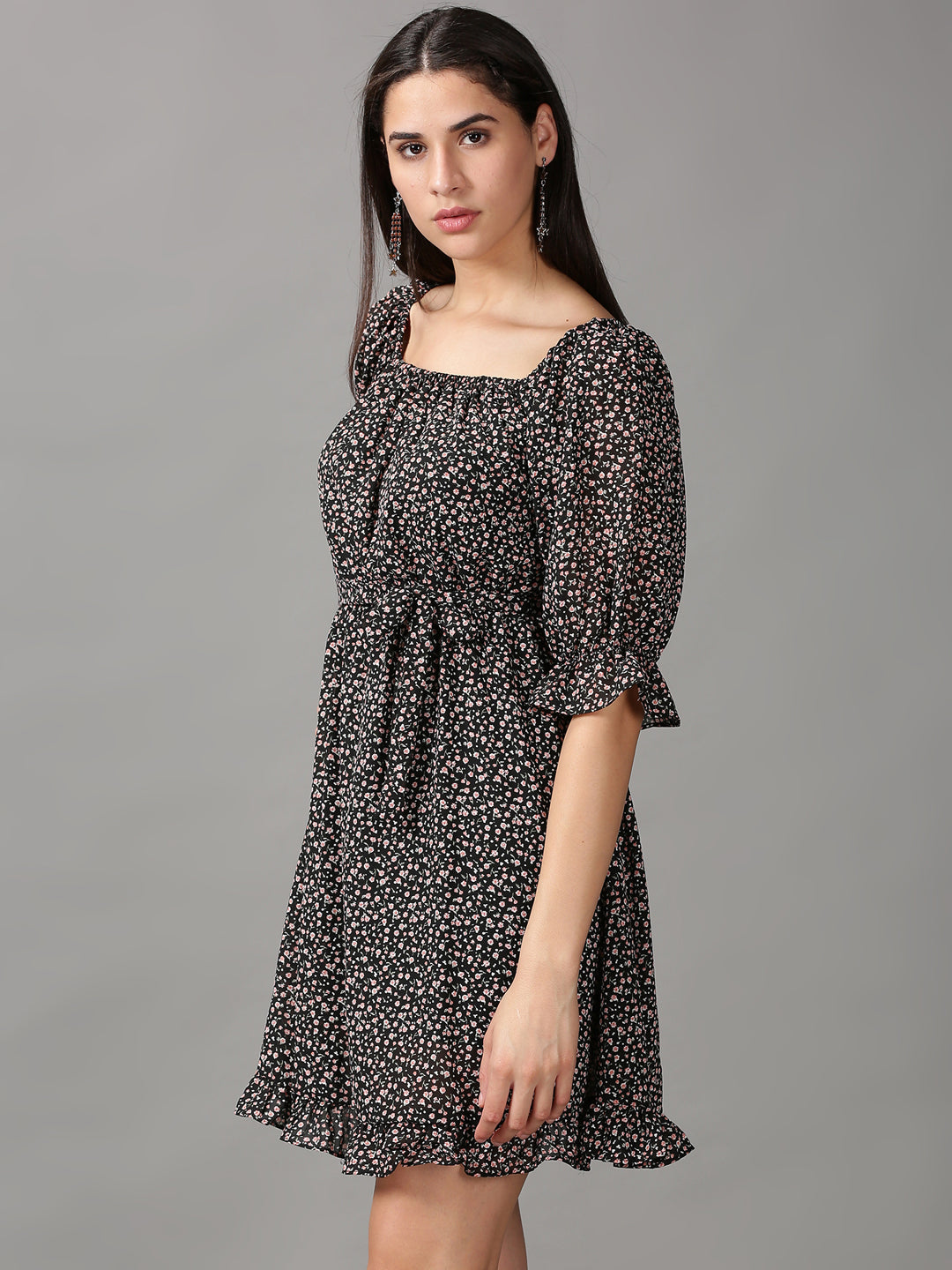 Women's Black Printed Fit and Flare Dress