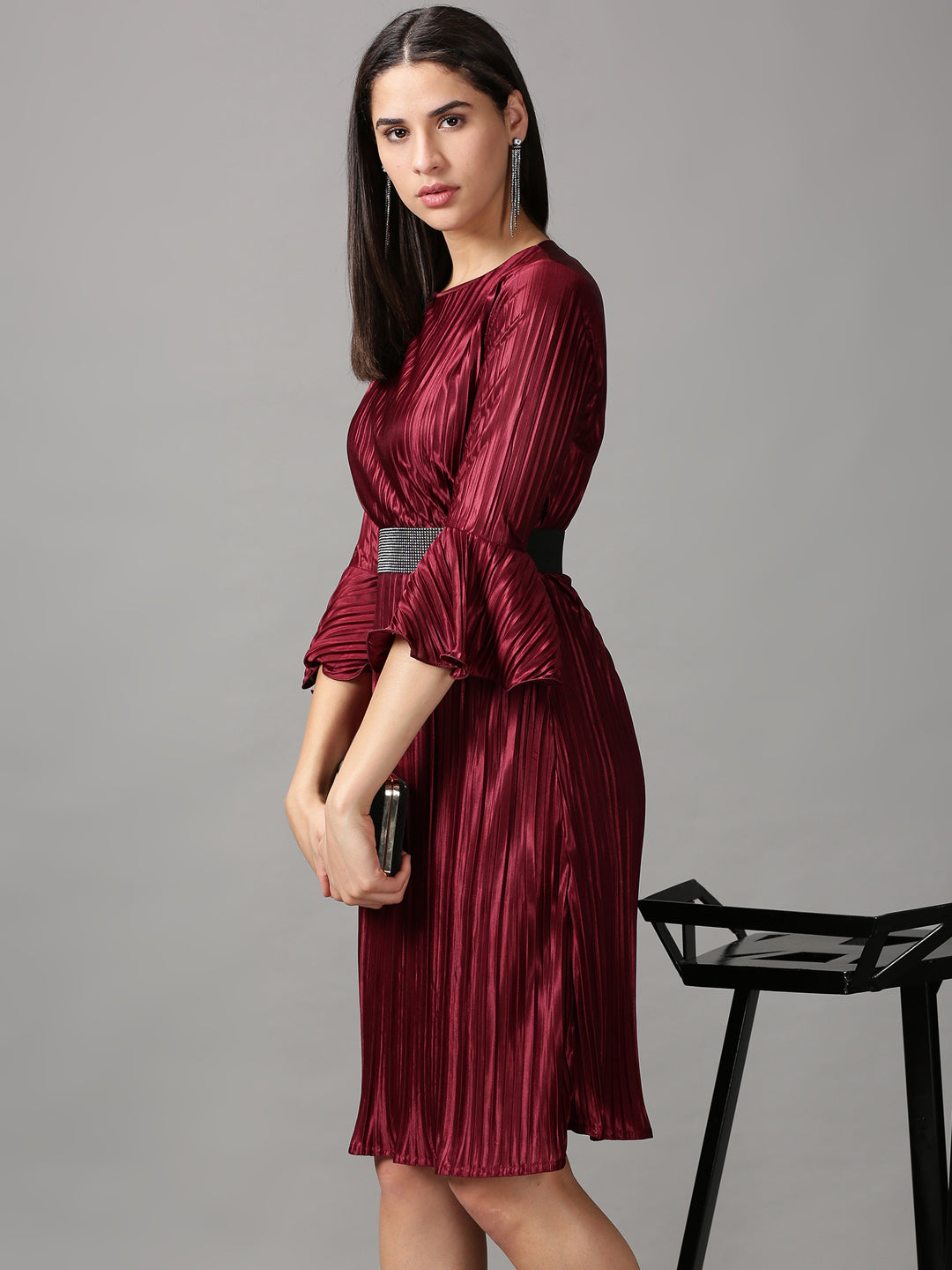 Women's Burgundy Solid A-Line Dress