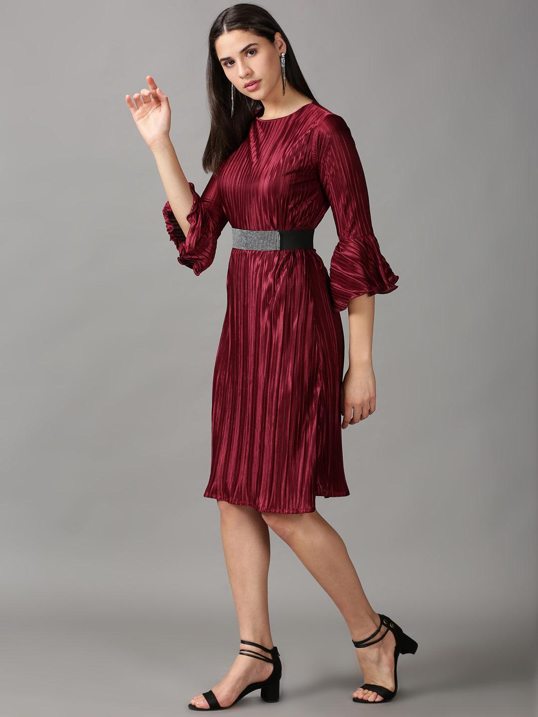 Women's Burgundy Solid A-Line Dress