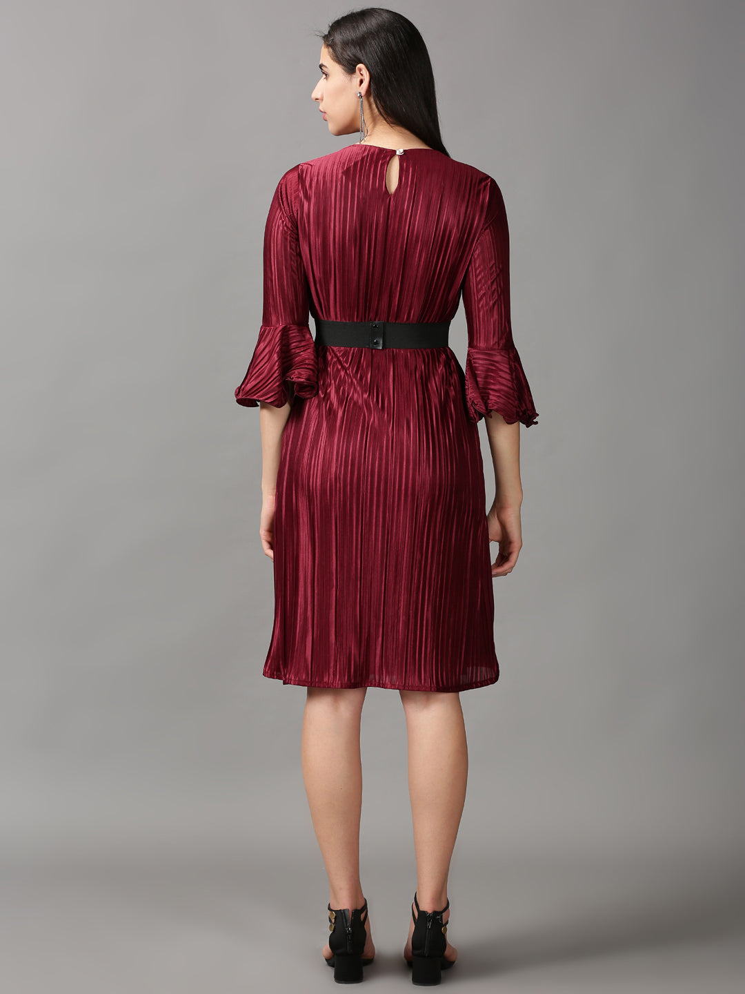 Women's Burgundy Solid A-Line Dress